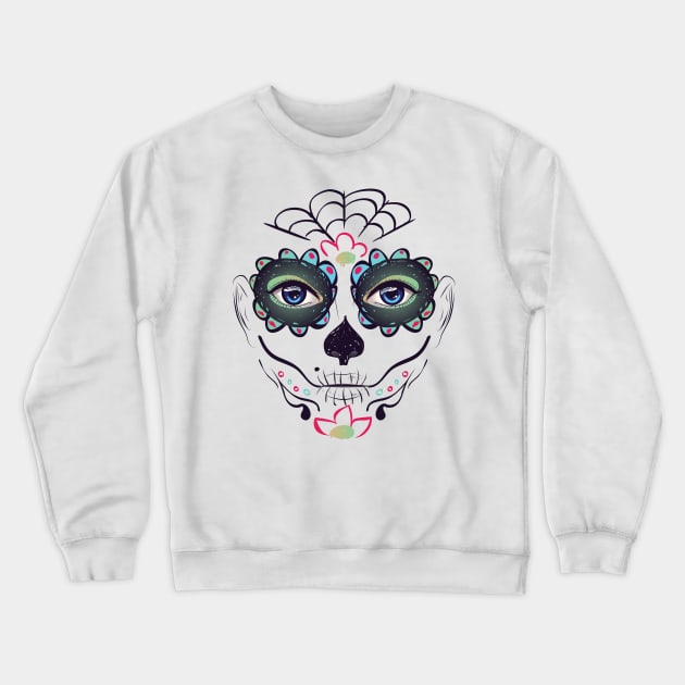 Day of Dead Girl Face green makeup Crewneck Sweatshirt by AnnArtshock